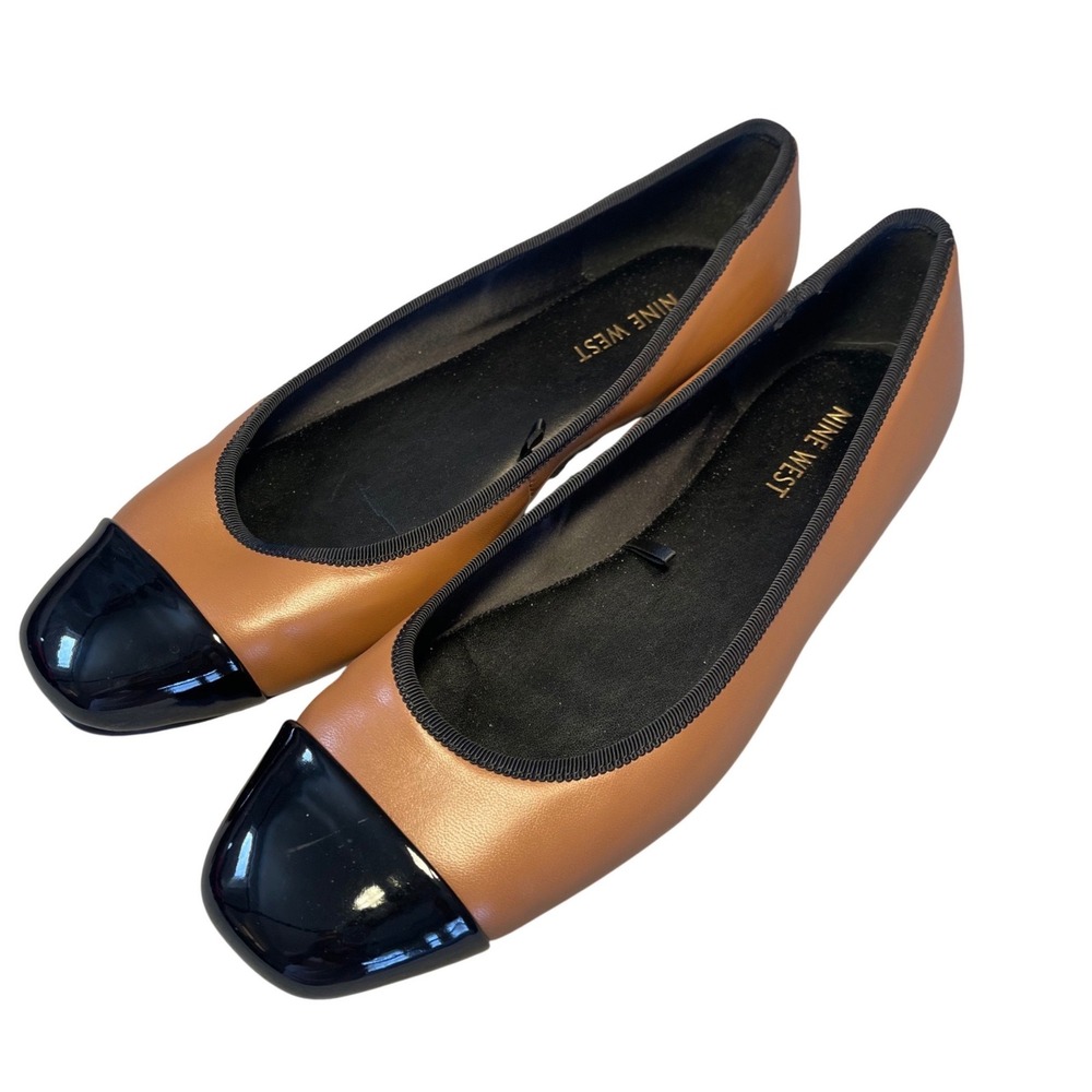 Nine West Teland Ballet Flats Pecan Tan Black Cap Toe Womens 10M Career Capsule‎